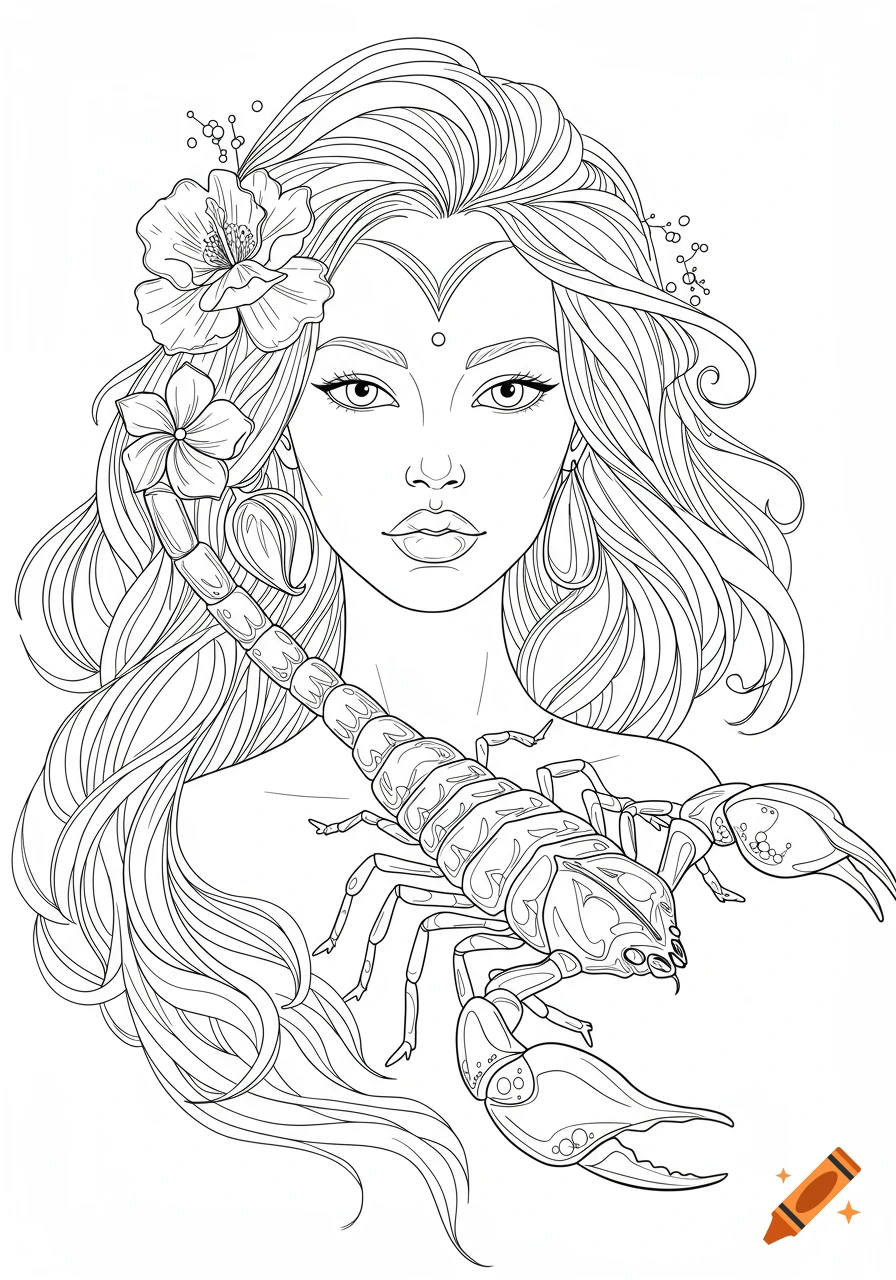 Line art of a woman representing the Scorpio zodiac sign with a scorpion and flowers.