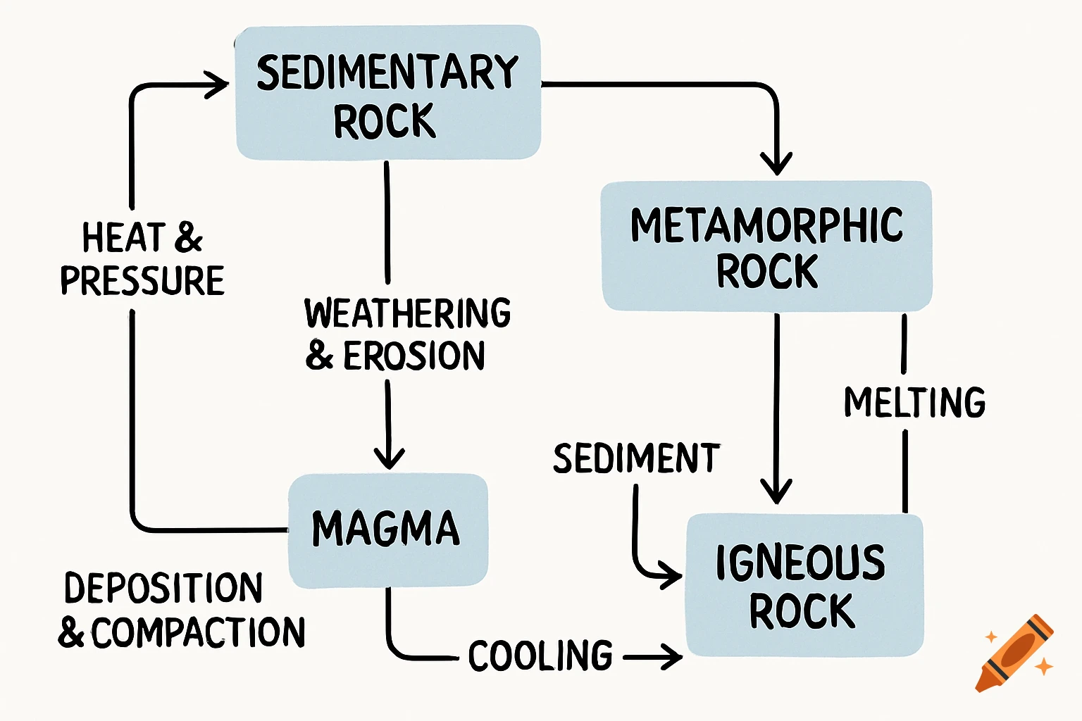 A hand-drawn style flowchart illustrating the rock cycle processes.
