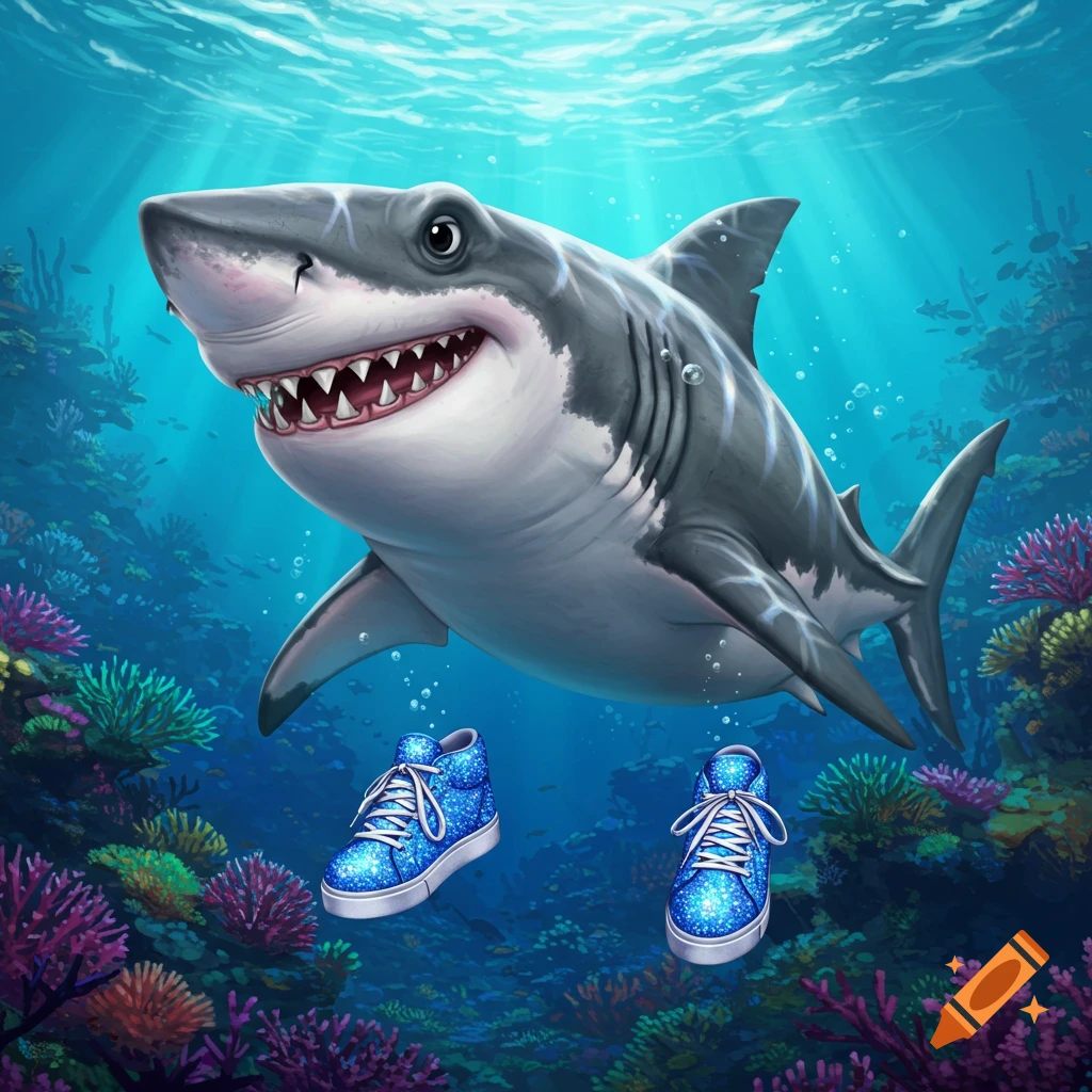 A cartoon shark swims underwater near two sparkly blue shoes among coral reefs.