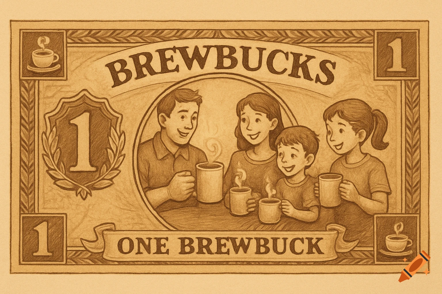 Sepia illustration of a currency note with 'Brewbucks' text and a family holding coffee mugs.