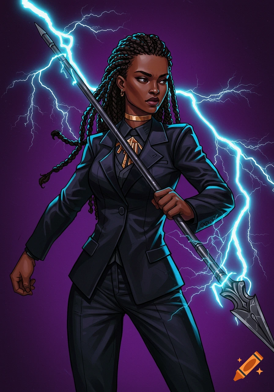 A woman in a suit holds a spear with lightning around her.