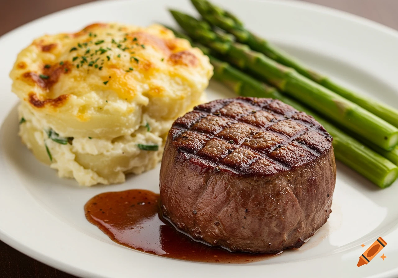 Perfectly seared steak with scalloped potatoes and asparagus on a plate.
