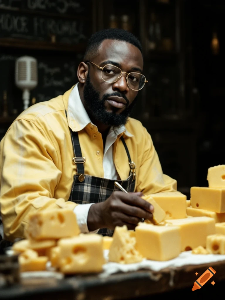 A black man in an apron sorts blocks of cheese on a counter.
