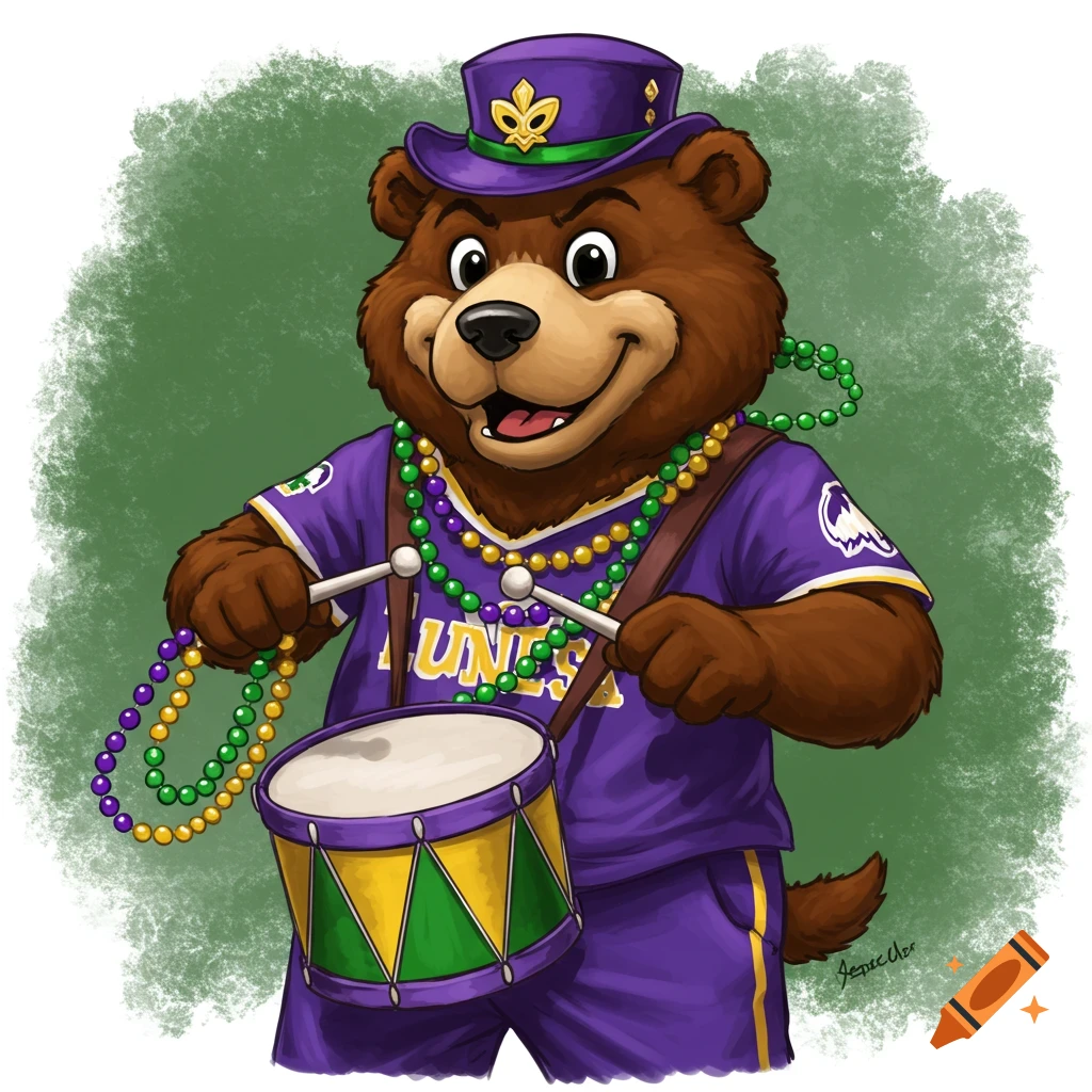 Cartoon bear mascot wearing purple, green, and gold, holding drumsticks and a drum, with Mardi Gras beads around its neck.