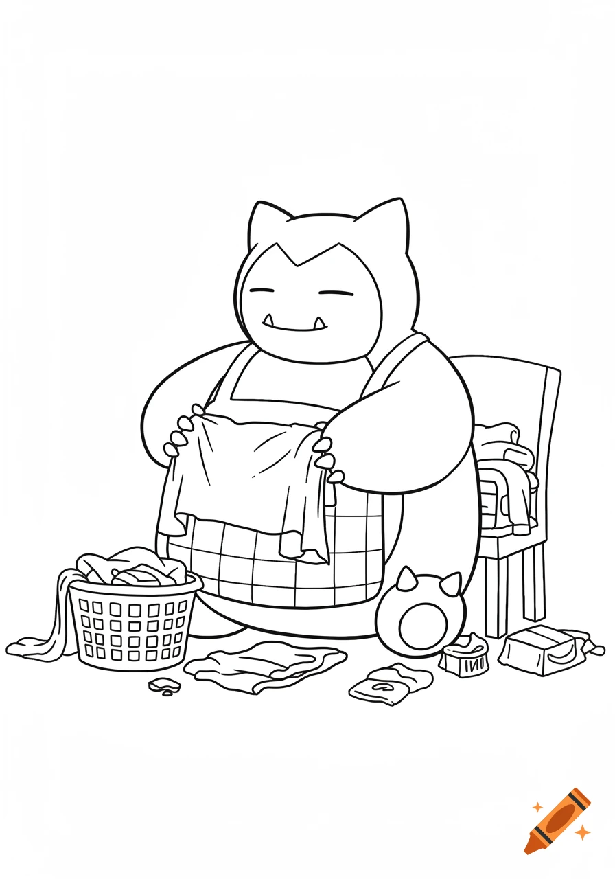 Snorlax wearing an apron doing laundry, with a laundry basket and clothes scattered around, line art