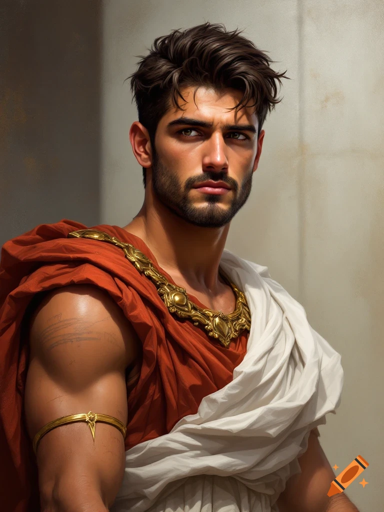 Portrait of a man with dark hair and beard wearing ancient Roman red and white toga with gold jewelry.
