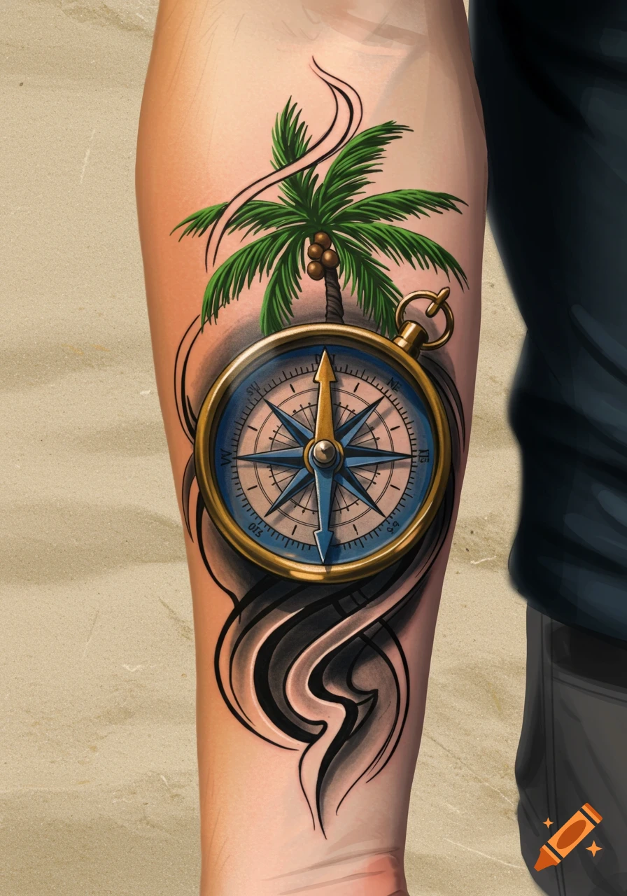 A forearm tattoo of a compass and palm tree.