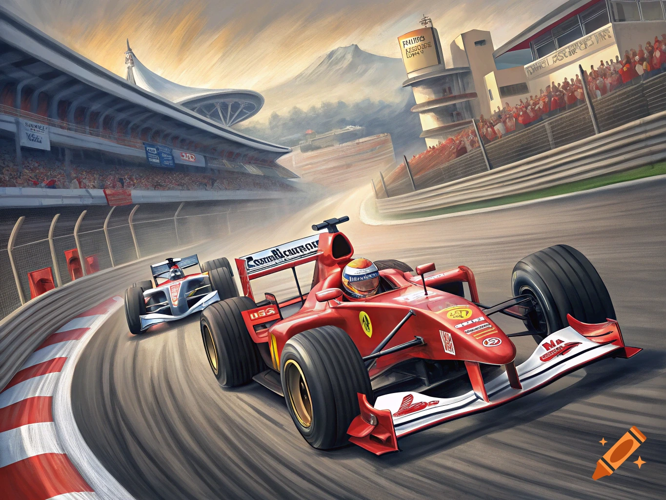 Red and white Formula 1 cars race on a track past a stadium.
