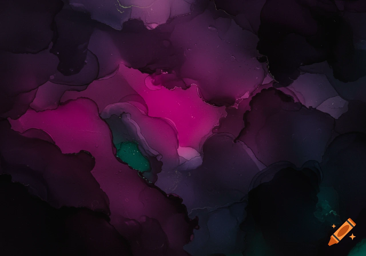 Abstract ink art with flowing dark purple, pink, blue, and green.