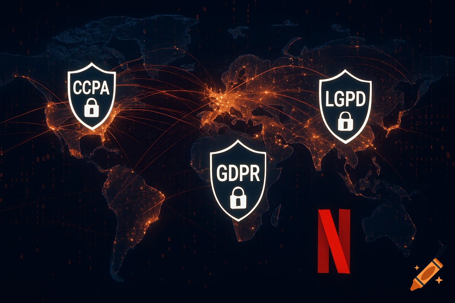 Glowing world map with data lines, CCPA, GDPR, LGPD shields, and Netflix logo.