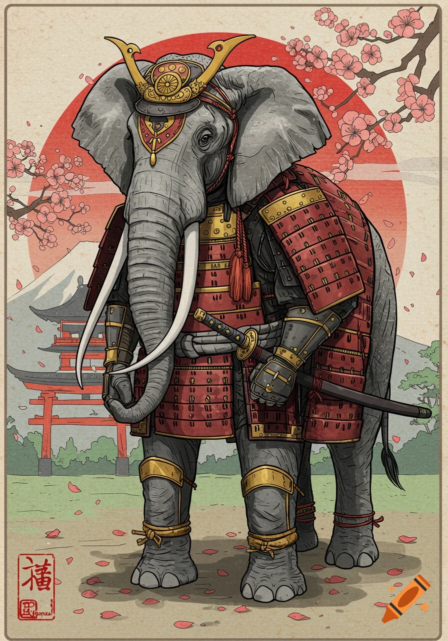 Illustration of an elephant in samurai armor in a Japanese landscape with Mount Fuji, cherry blossoms, and a torii gate.