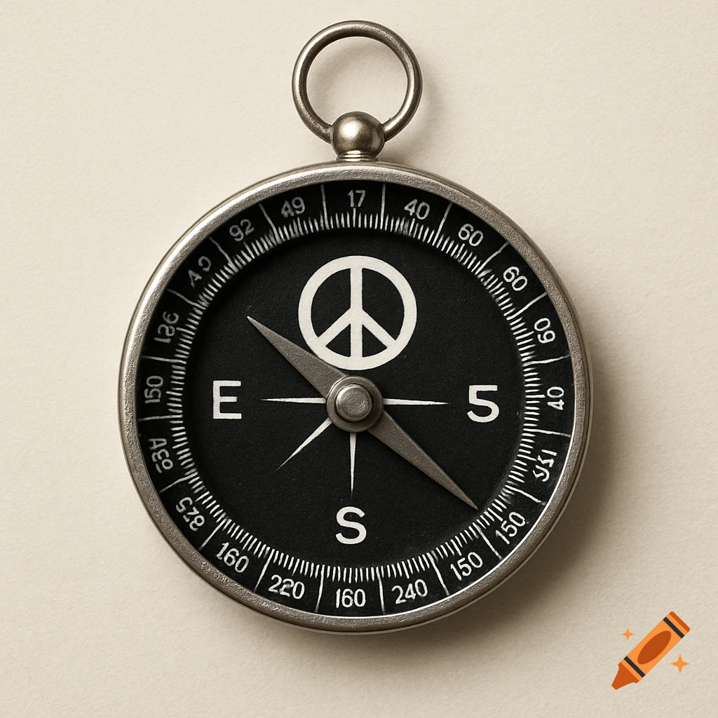 Close-up photo of a compass with a peace symbol instead of north