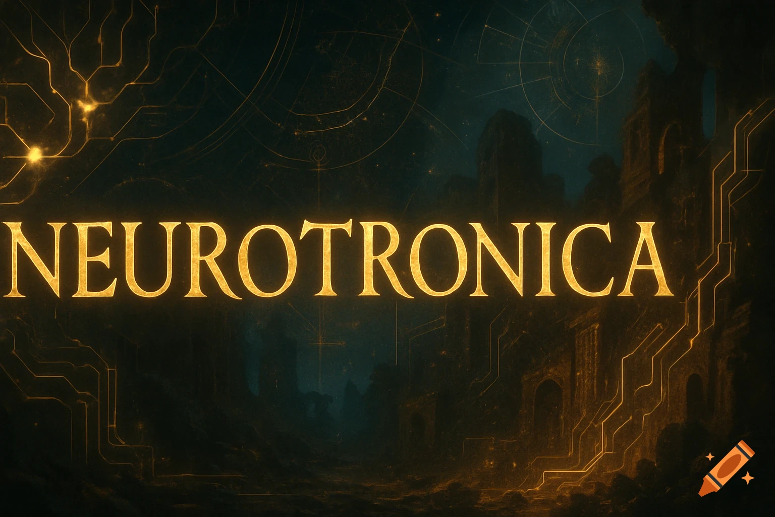 Cinematic image with the word NEUROTRONICA over glowing golden neural networks, ancient ruins, and celestial patterns.