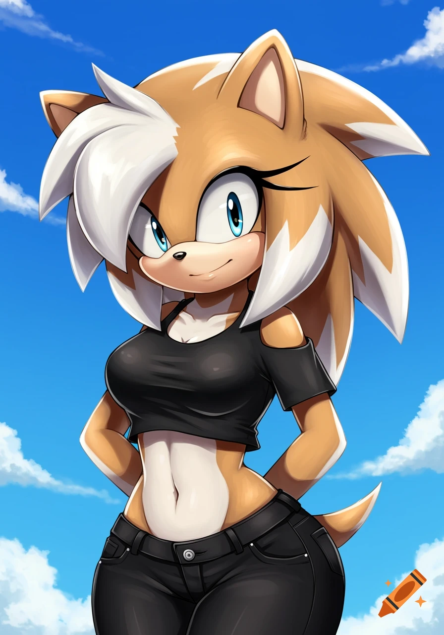 Sonic-style tan and white hedgehog in a black crop top and jeans standing under a blue sky.