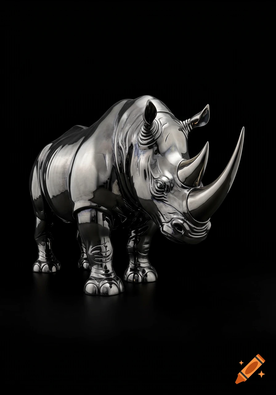 A shiny chrome rhino sculpture on a black background