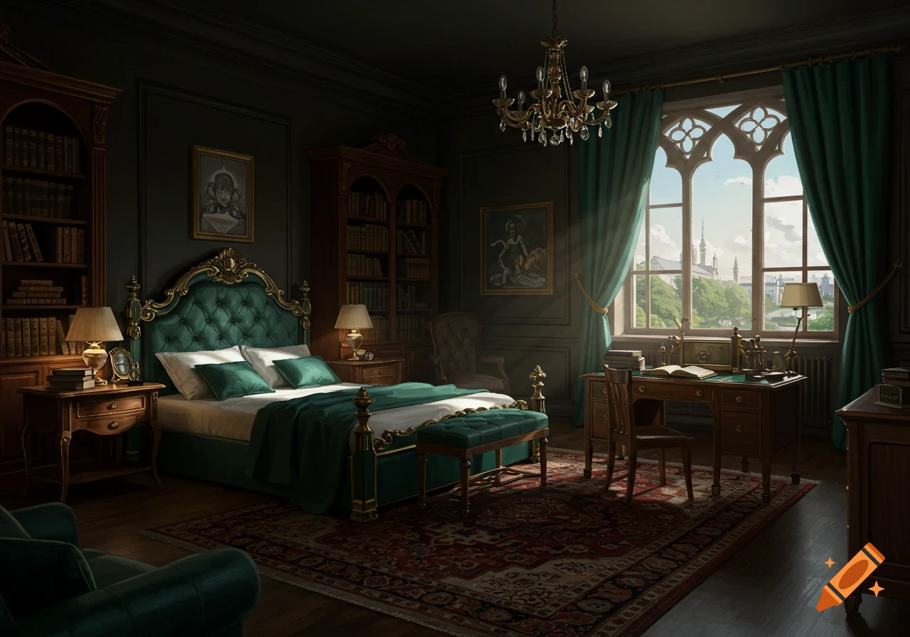 Dark academia bedroom with a large bed, bookshelves, desk, and window.