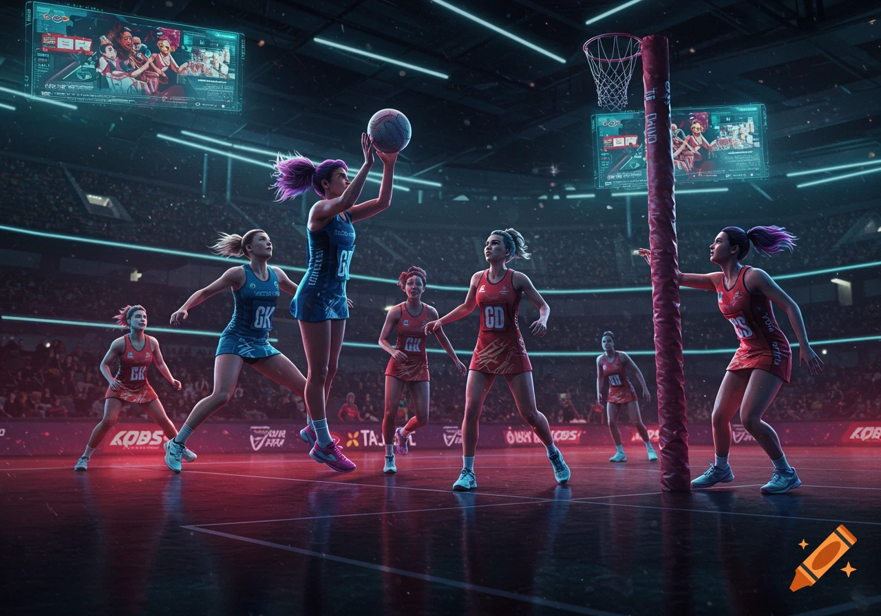 Female athletes play netball in a futuristic stadium, dramatic lighting, comic book illustration style.