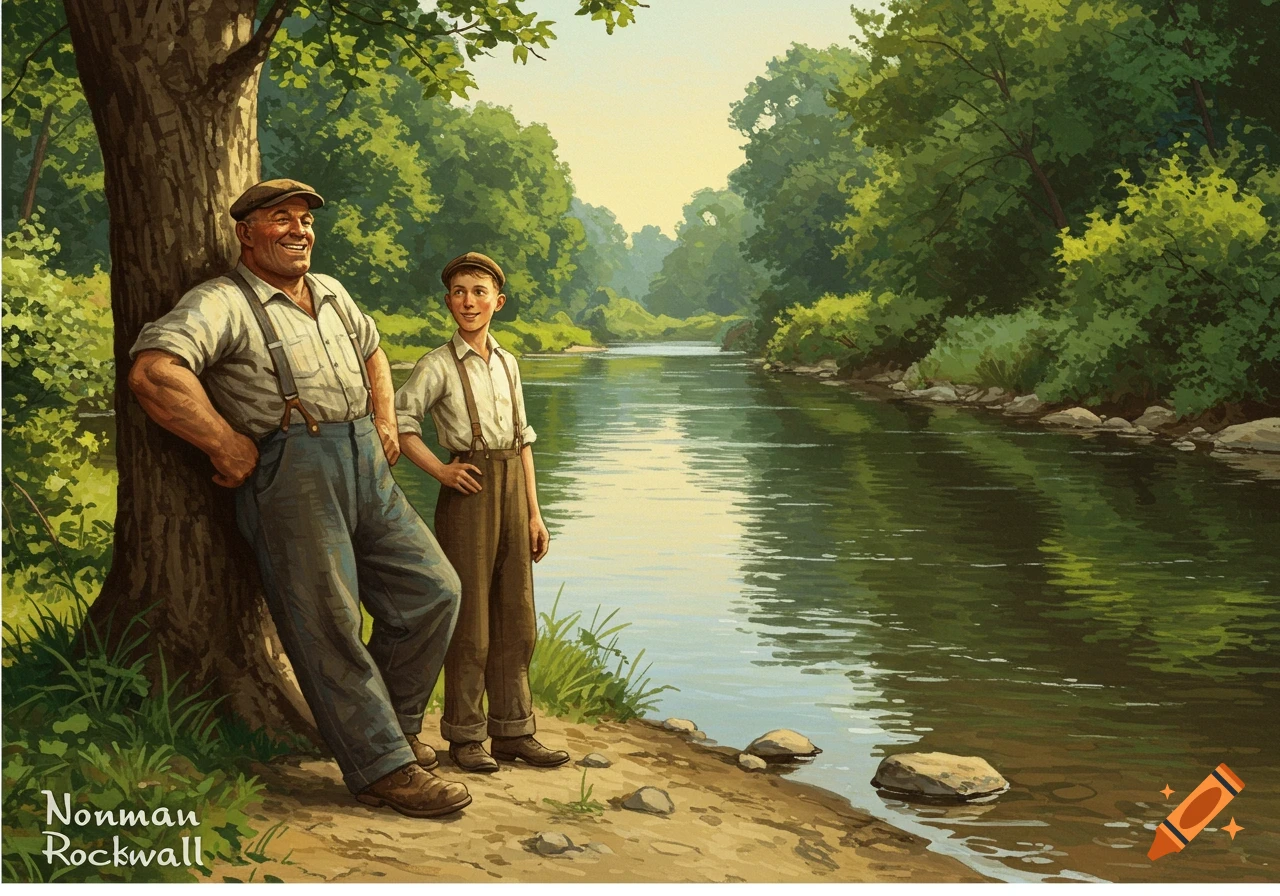 Painting of an older man and a boy standing by a river bank.
