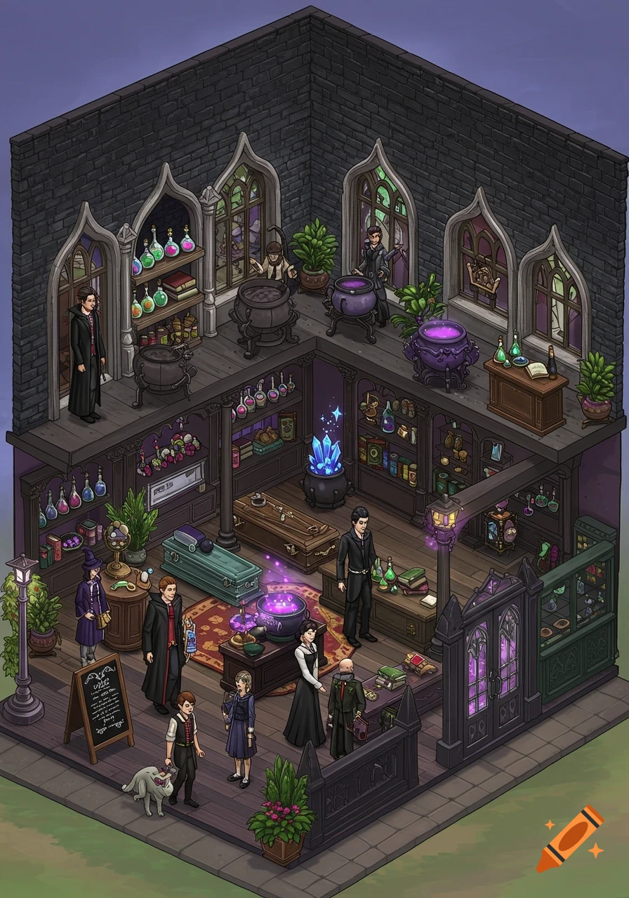 Isometric view of a fantasy vampire and wizard store with potions, cauldrons, characters, and coffins.