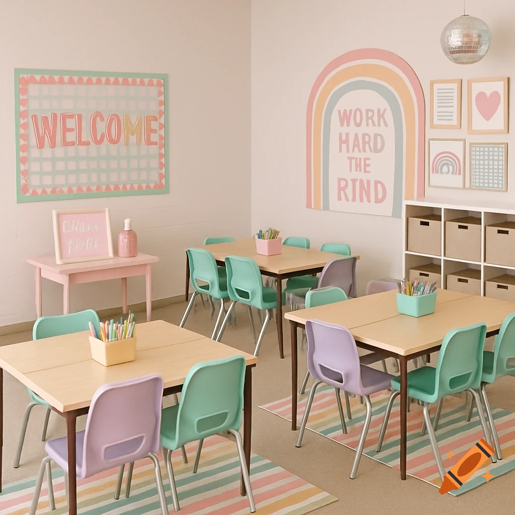 Pastel-colored classroom with small tables, chairs, and decorative posters.