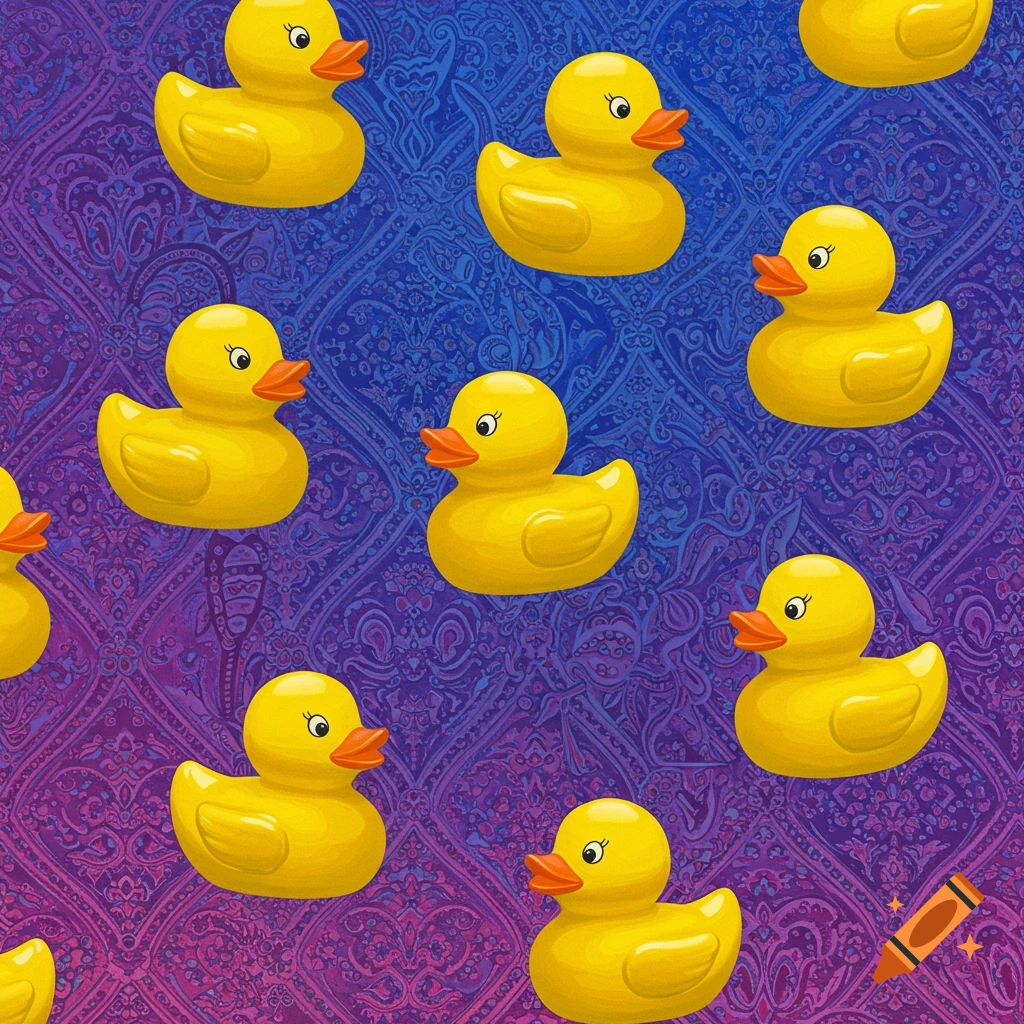 Multiple yellow rubber ducks floating on a purple and blue patterned background.