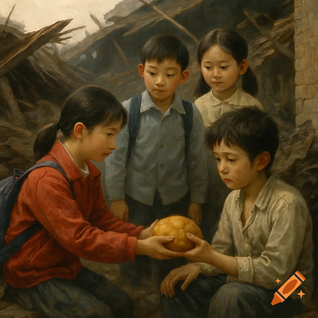 Painting of children in a ruined setting, a girl offers bread to a boy.