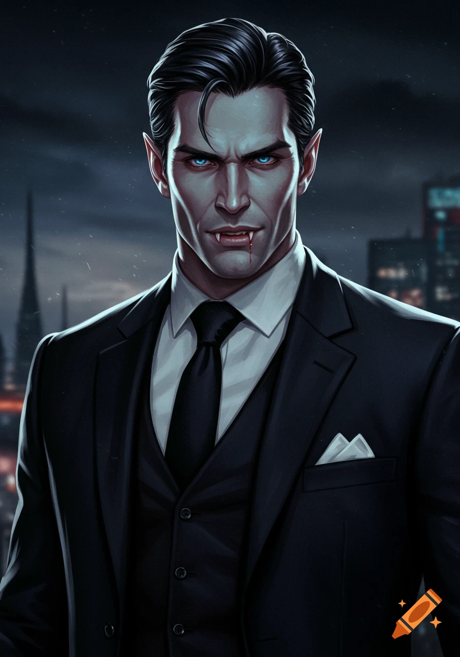 Portrait of a handsome vampire in a suit with fangs and blood against a dark city background.