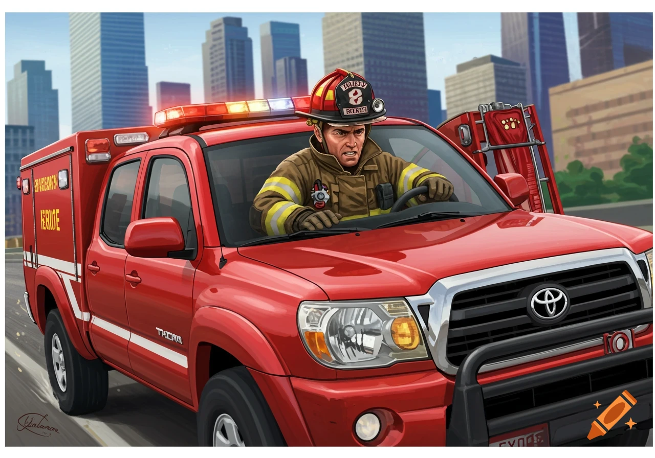 Illustration of a firefighter driving a red truck through a city street.