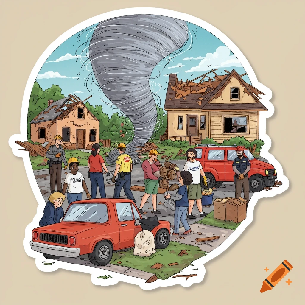 Illustration of people helping after a tornado damaged houses, showing community relief efforts.