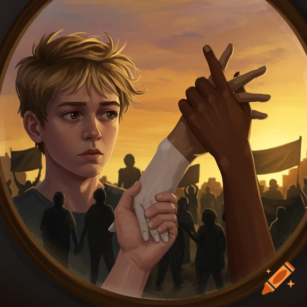 An illustration of a blond teen boy's face, holding hands with another person of darker skin tone, against a background of a stylized protest crowd at sunset.