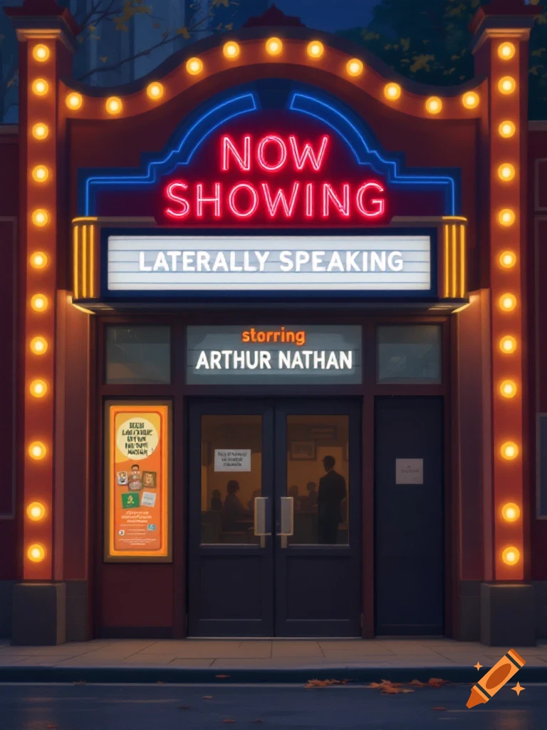 Movie theater entrance at night with a marquee showing a movie title.
