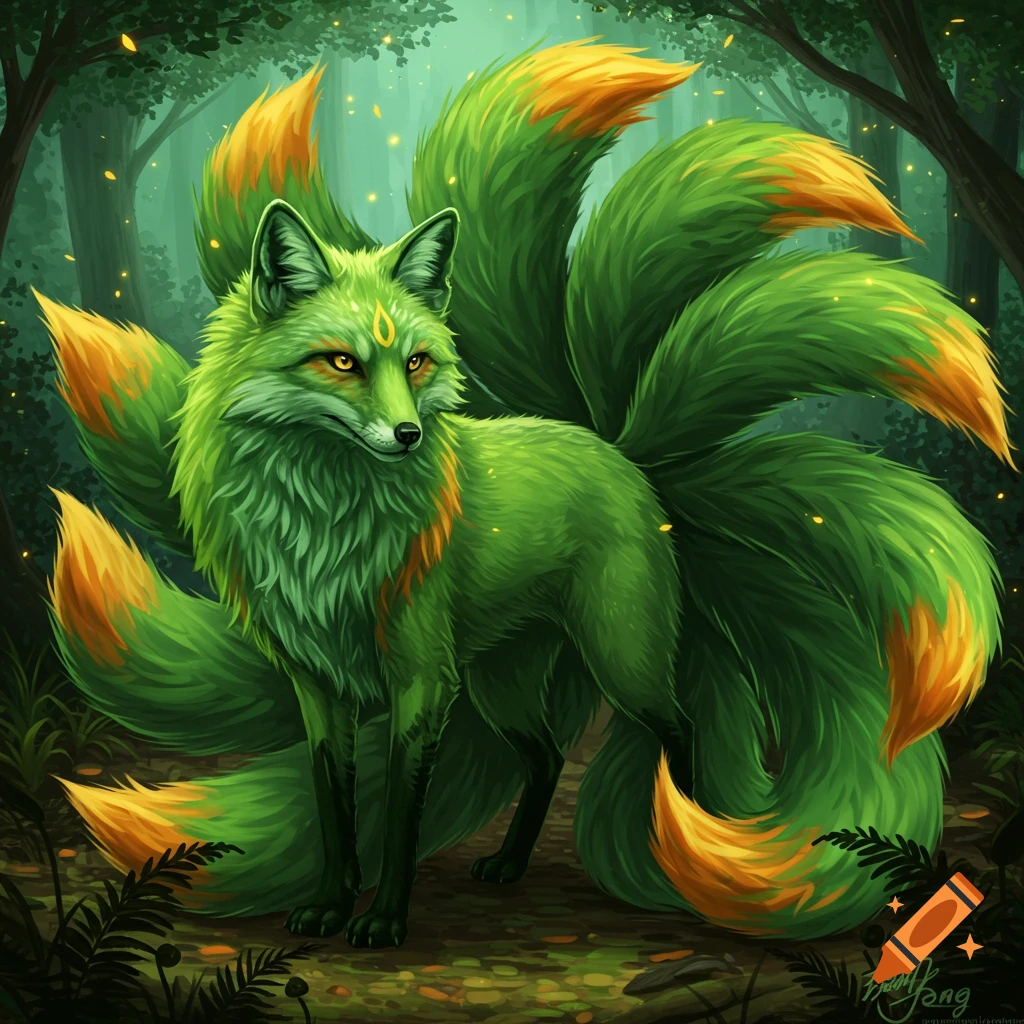 A green kitsune with nine tails stands in a forest.