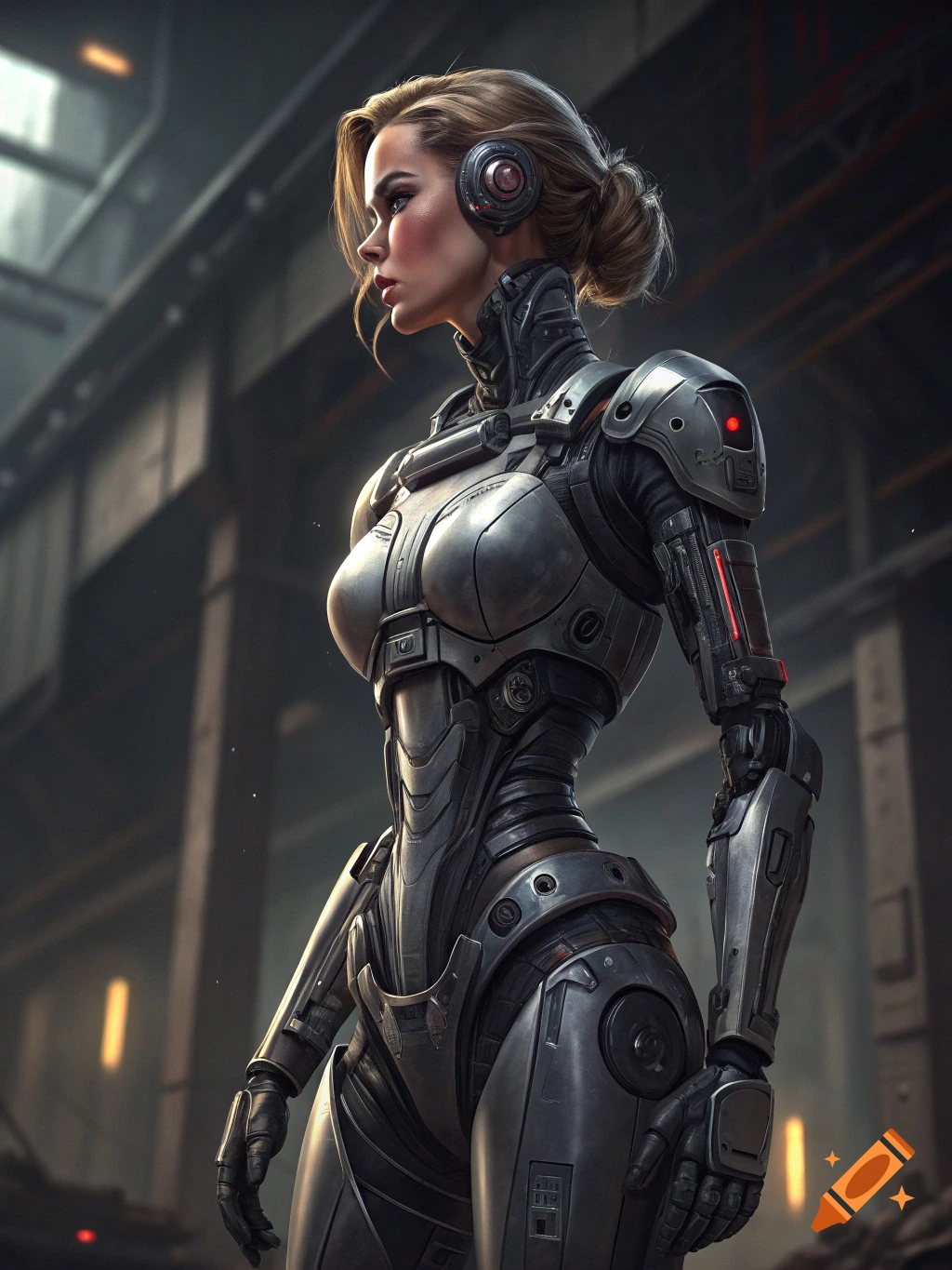 Female cyborg in metallic suit in a futuristic industrial setting
