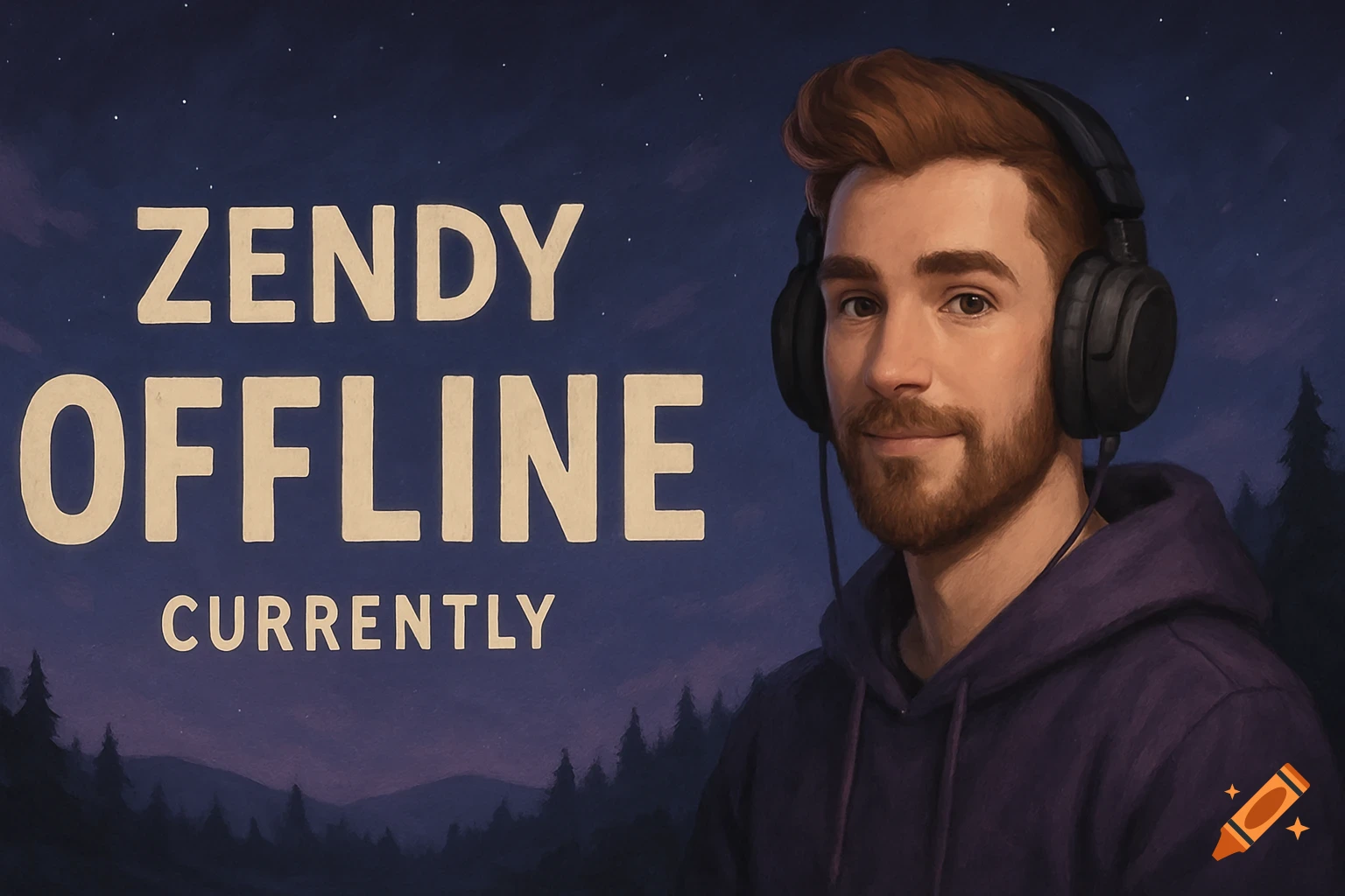 Illustration of a man with headphones and text 'ZENDY OFFLINE CURRENTLY' for a Twitch banner.