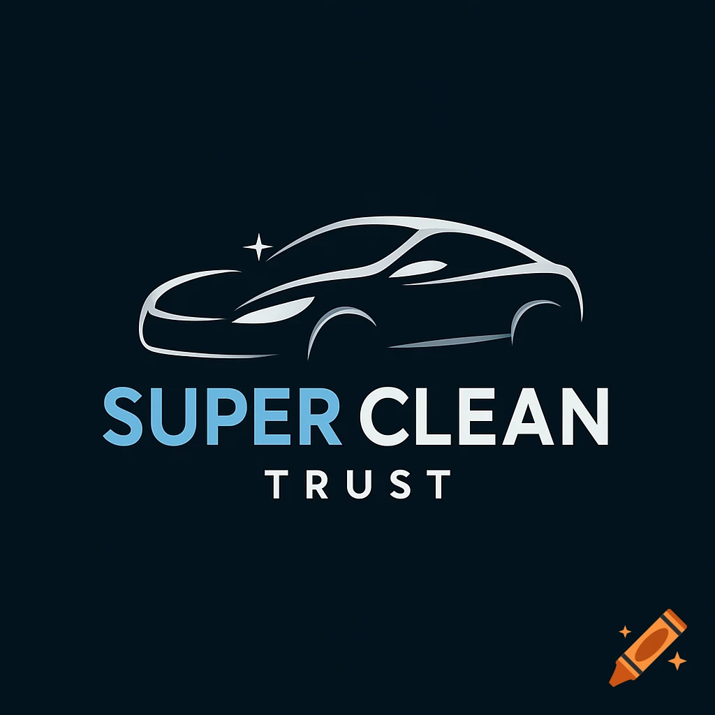 Modern logo with white minimalist car outline and text 'SUPER CLEAN TRUST' in blue and white.