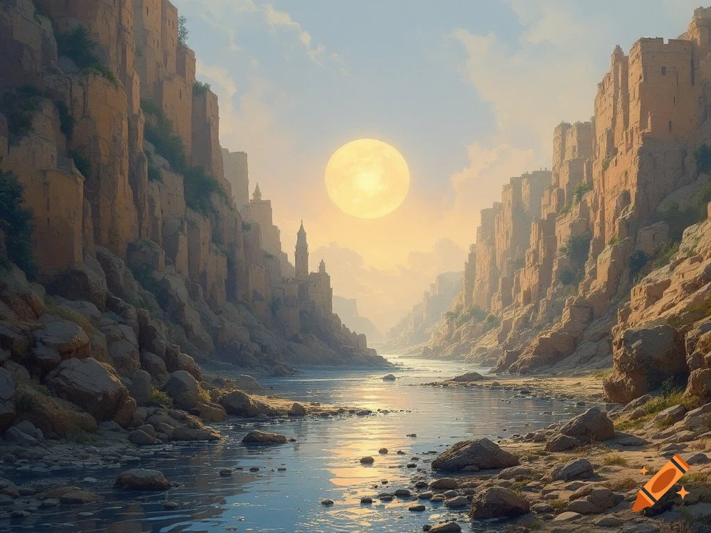 River flows through a canyon lined with ancient structures under a bright moon at dawn.