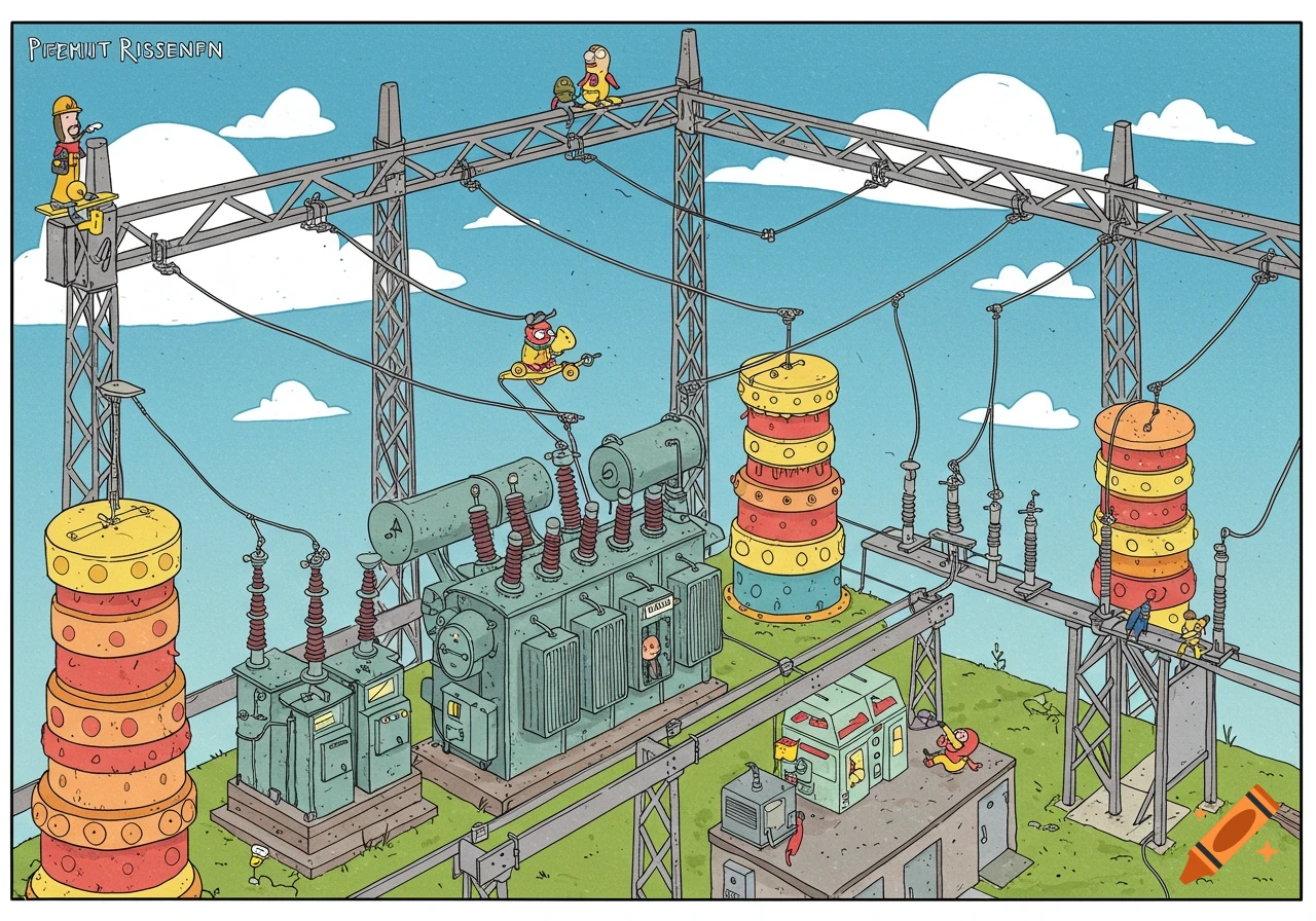 Cartoon of characters working at a power substation