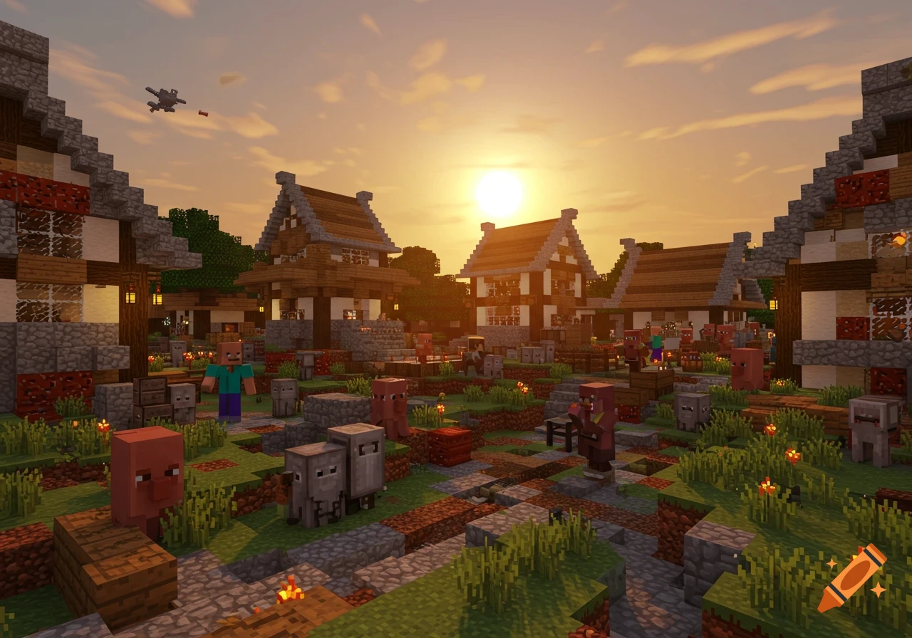 A Minecraft village scene at sunset, showing houses, villagers, and other blocky characters.