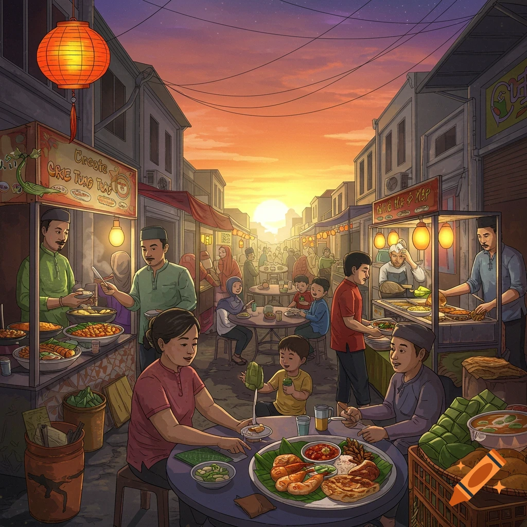 Illustration of a vibrant street food market at sunset with people eating and vendors at stalls.