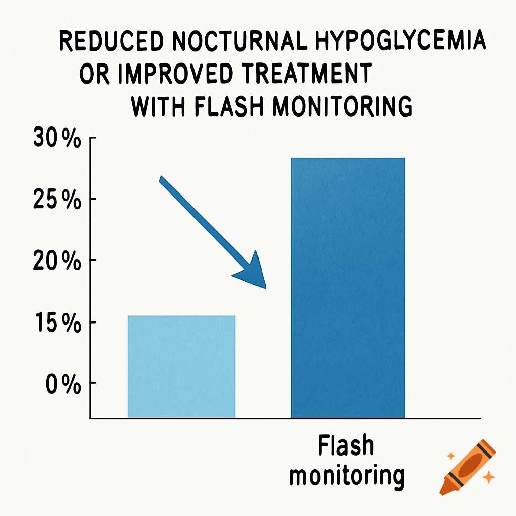 Bar chart titled 'Reduced Nocturnal Hypoglycemia or Improved Treatment With Flash Monitoring' comparing two bars, one reaching 15% and another reaching 28%, labeled 'Flash monitoring'.