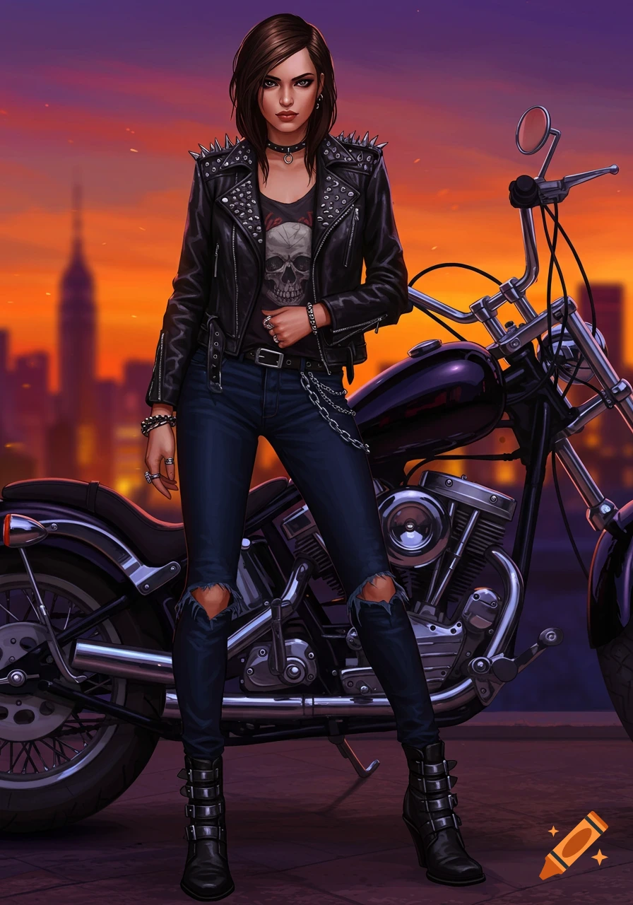 Illustration of a woman in biker jacket and jeans standing next to a motorcycle with a city sunset background.