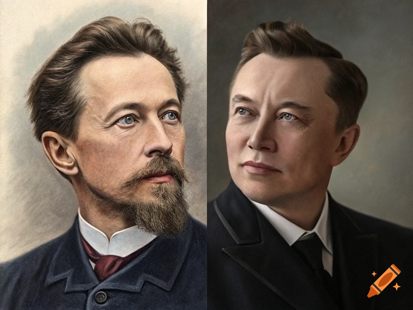 Side-by-side portraits resembling Felix Dzerzhinsky and Elon Musk in an old portrait style.