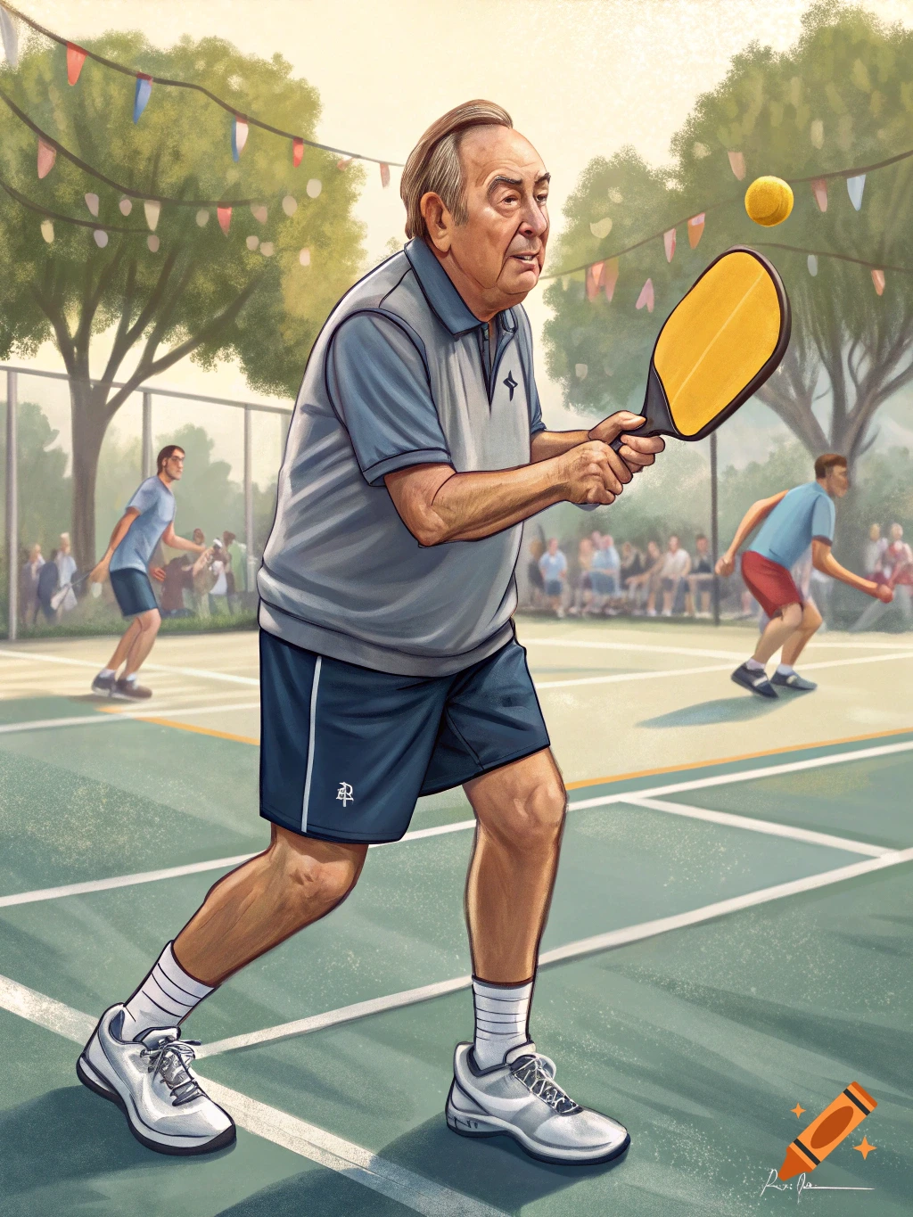 Illustration of an older man playing pickleball on an outdoor court.