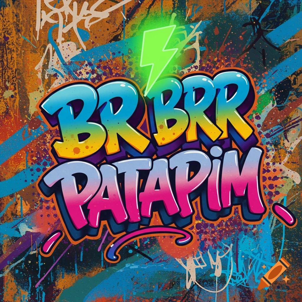 Graffiti art with the text 'BRR BRR PATAPIM' in bold, colorful bubble letters against a paint splattered background.