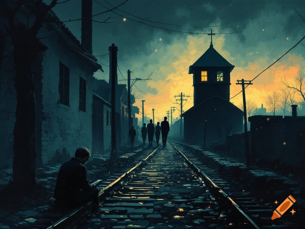 Painterly image of people walking on train tracks towards a building with a cross at dusk, a person sits on the tracks.