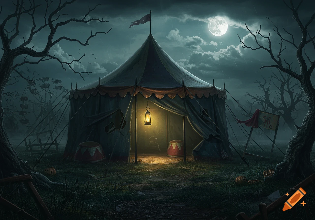 Spooky circus tent under a full moon with dead trees and Ferris wheel.