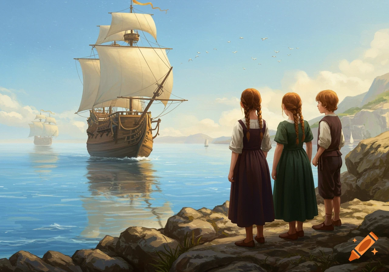 Three children on a rocky shore look out at large sailing ships on the sea. Illustration.
