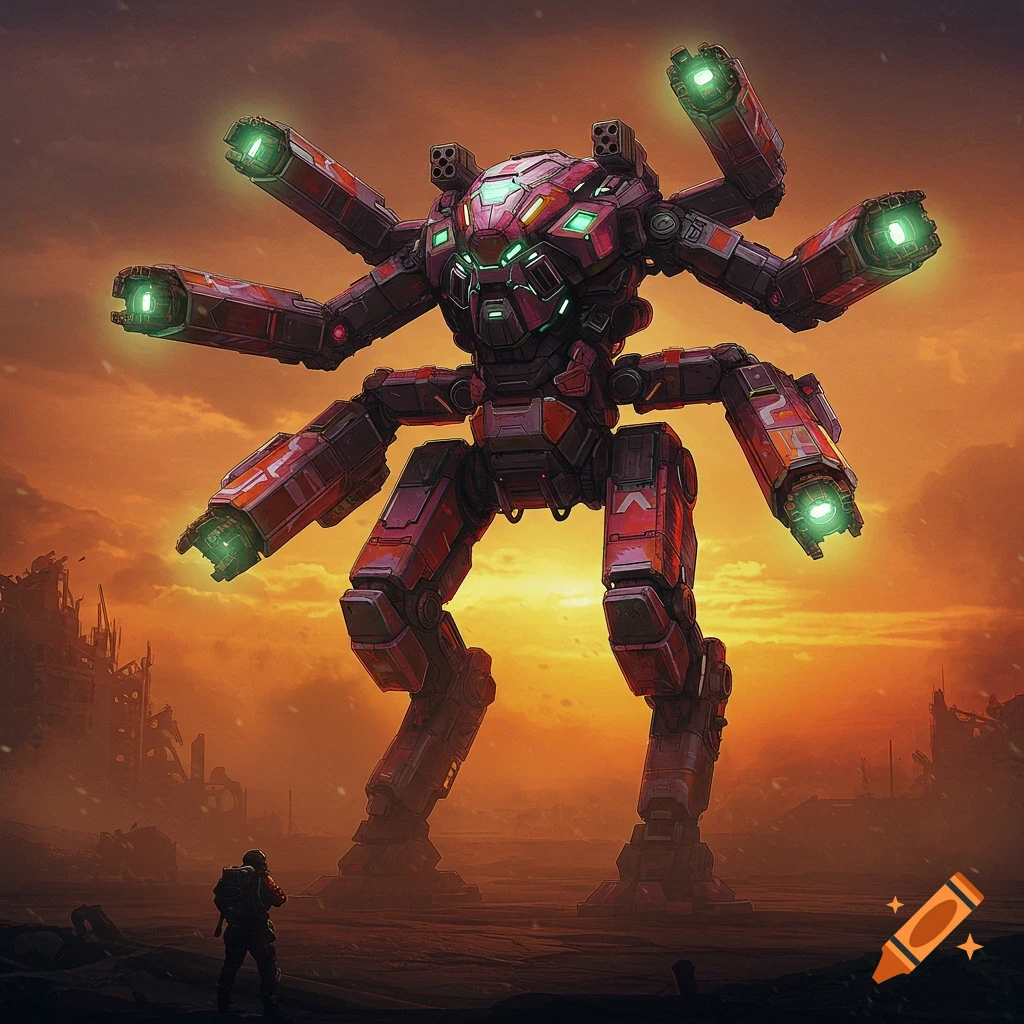 Large, multi-armed mech faces a small human figure in a ruined, orange-lit landscape.