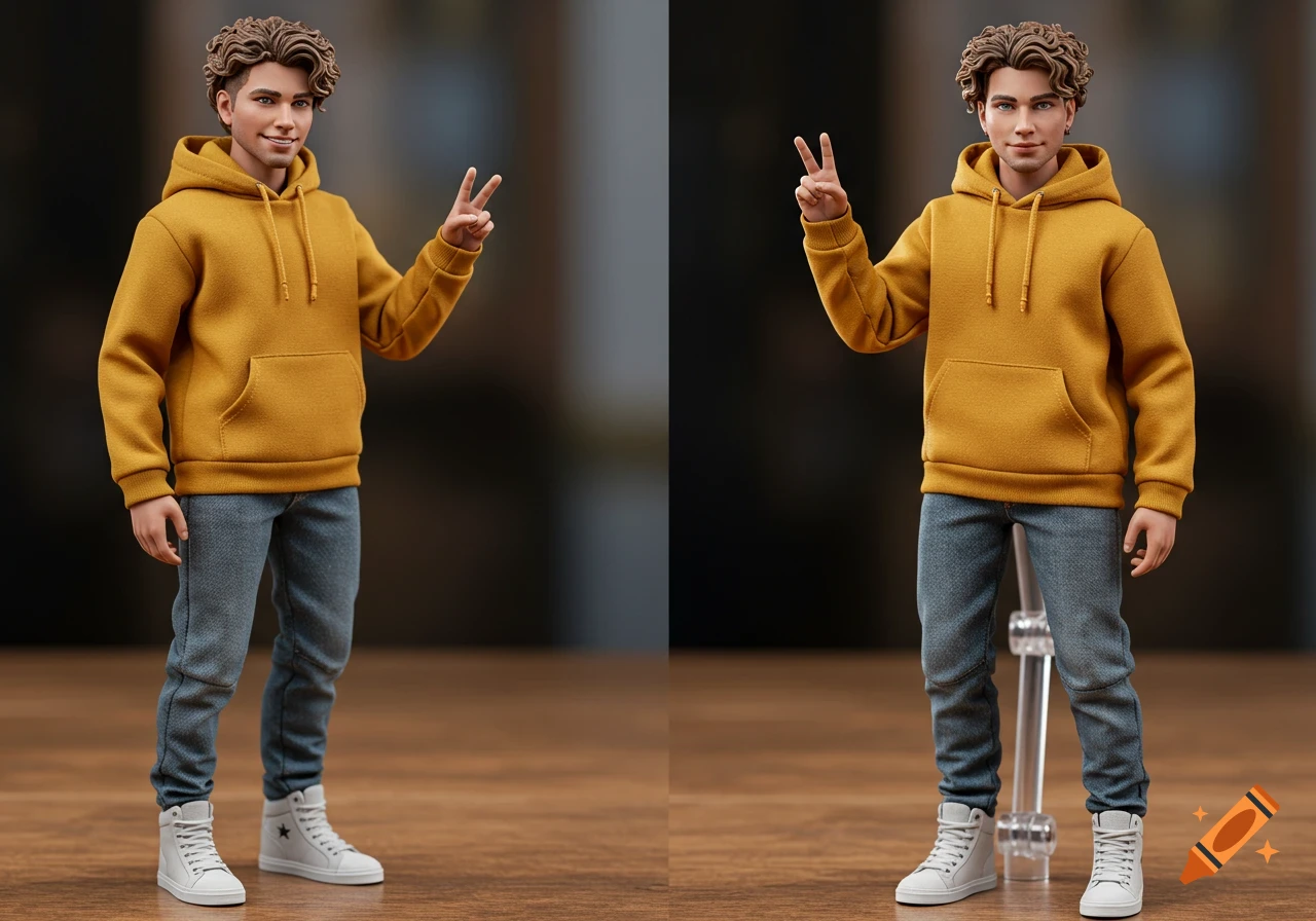Realistic action figure of a young man in a yellow hoodie giving a peace sign.