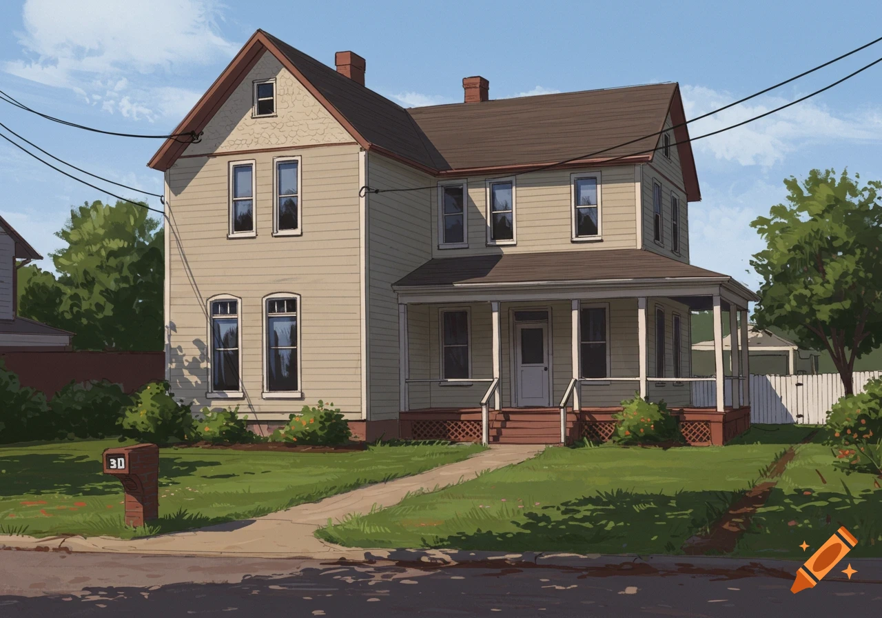 Illustration of an old house with a porch, yard, and mailbox with the number 30.